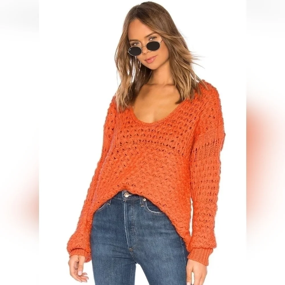 Free People Crashing Waves Pullover Sweater Womens Large Orange Knit Round Neck